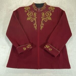 Icelandic Design L Cardigan Sweater Jacket Maroon Boiled‎ Wool Embroidered Vtg